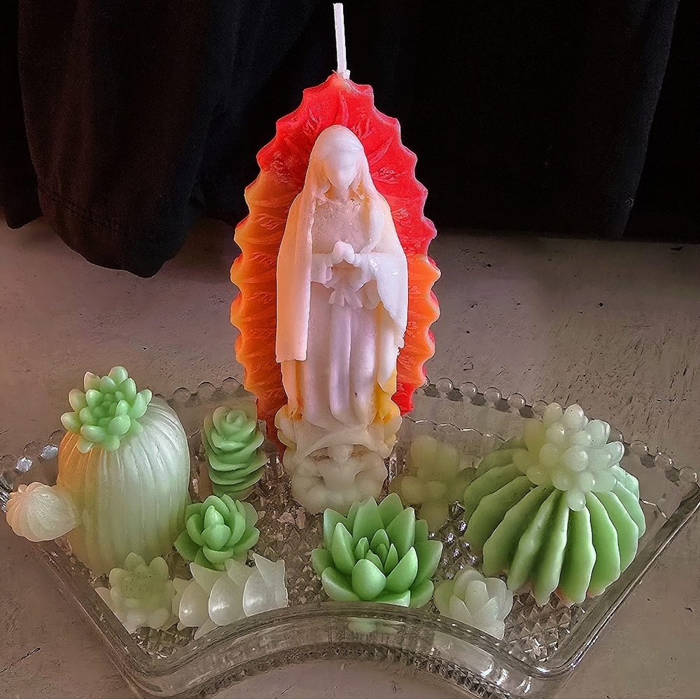 Virgen de Guadalupe Candle Altar Set w/ Crystal Tray | Tepeyac Inspired Handmade